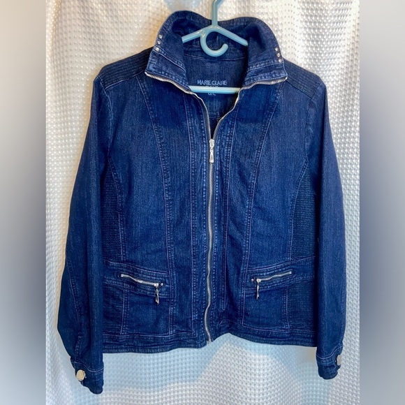 Women Marie Claire dark blue stretchy Jean‎ Jacket with silver accents Sz Large - Picture 1 of 11